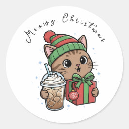 Adesivo Redondo Natal Felino Divertido com Café Gelado Grande Redo