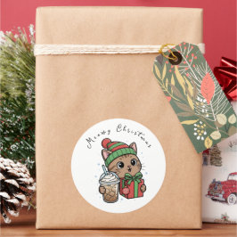 Adesivo Redondo Natal Felino Divertido com Café Gelado Grande Redo