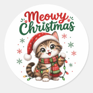 Adesivo Redondo Natal Felino Meow Cute Gato Férias