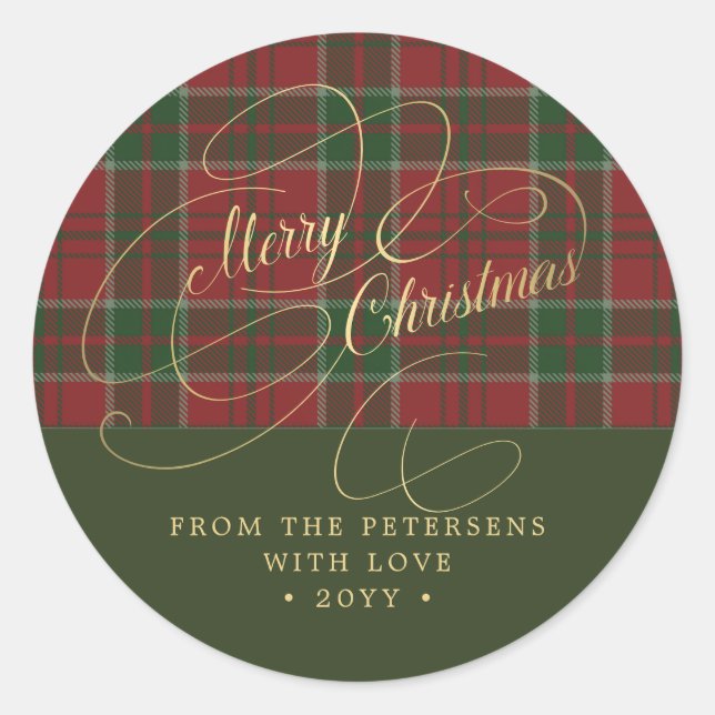 Adesivo Redondo Natal Feliz dourado script rustico xadrez vermelho (Frente)