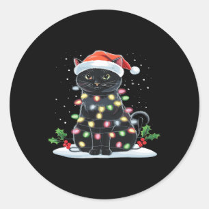 Adesivo Redondo Natal Feliz Meowy Gato Divertido Árvore de Natal C