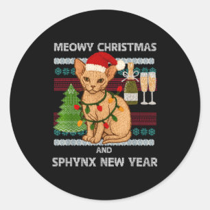 Adesivo Redondo Natal Feliz Meowy Gato Sphynx Divertido Chapéu do