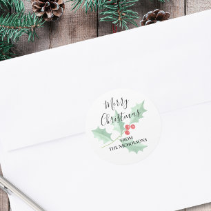 Adesivo Redondo Natal Feliz Personalizado com Aquarela de Azevinho