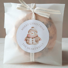 Adesivo Redondo Natal Feliz Personalizado Homem de Neve Rosa Fofo