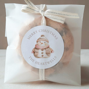 Adesivo Redondo Natal Feliz Personalizado Homem de Neve Rosa Fofo