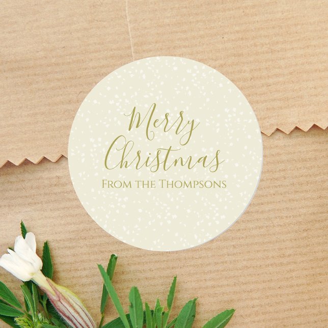 Adesivo Redondo Natal Feriado Moderno Neve Dourada Minimalista (Merry Christmas gold calligraphy script custom round sticker. )