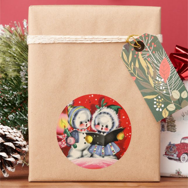 Adesivo Redondo natal festivo costurando crianças de neve retrô-vi (Feriado)