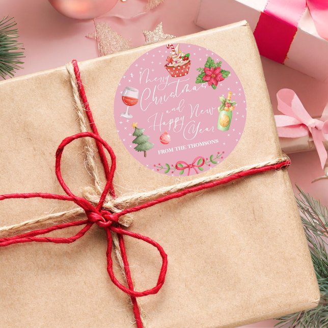 Adesivo Redondo Natal Festivo Rosa Moderno e Feliz Ano Novo (Criador carregado)