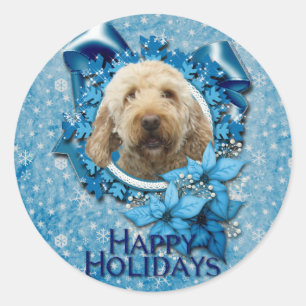 Adesivo Redondo Natal - floco de neve azul - Goldendoodle