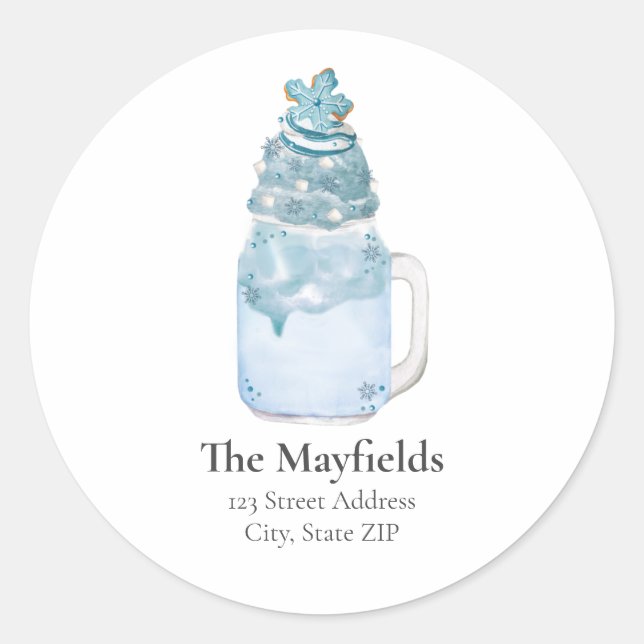 Adesivo Redondo Natal Floco de Neve Azul Milkshake Endereço (Frente)