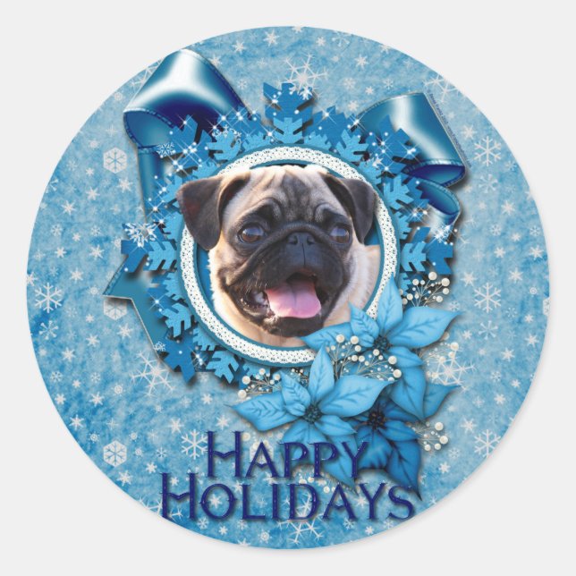 Adesivo Redondo Natal - Floco de Neve Azul - Pug (Frente)