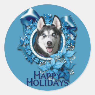 Adesivo Redondo Natal - Flocos de neve azuis - Husky Siberiano