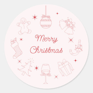 Adesivo Redondo Natal Fofo Divertido Rosa Vermelho Desenhado à Mão