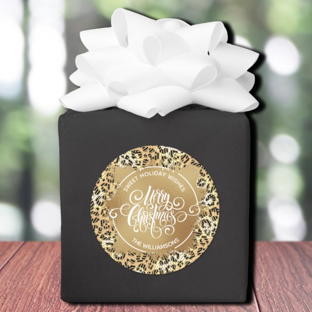 Adesivo Redondo Natal Holiday Baking Leopard (Merry Christmas on gold sweet holiday wishes homemade stickers on leopard print)