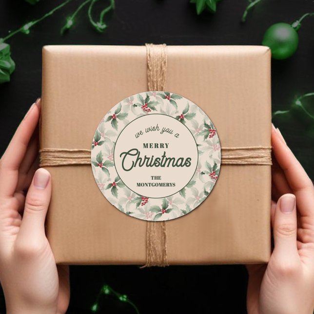 Adesivo Redondo Natal Holly Berry Comida Feriado Caseiro (We Wish you a Merry Christmas holly and berries homemade food holiday baking round stickers)