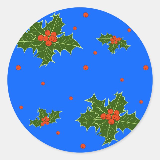 Adesivo Redondo Natal Holly Red Berry Padrão no Azul Festivo (Frente)