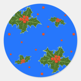 Adesivo Redondo Natal Holly Red Berry Padrão no Azul Festivo