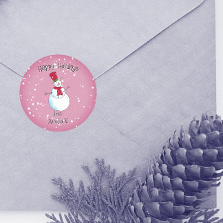 Adesivo Redondo Natal Homem de Neve Rosa Personalizado