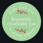 Adesivo Redondo Natal Homemade Cranberry Jam Canning Green<br><div class="desc">Compota de Natal russa e moderna enlatando o adesivo de framboesa de amora com o texto feito com amor, compota de amora caseira e seu nome em um roteiro moderno em um fundo verde sábio com um toque na moda de amora. Basta adicionar seu nome e o nome do produto...</div>