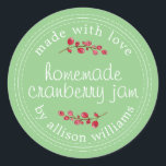 Adesivo Redondo Natal Homemade Cranberry Jam Canning Green<br><div class="desc">Compota de Natal russa e moderna enlatando o adesivo de framboesa de amora com o texto feito com amor, compota de amora caseira e seu nome em um roteiro moderno em um fundo verde sábio com um toque na moda de amora. Basta adicionar seu nome e o nome do produto...</div>