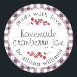 Adesivo Redondo Natal Homemade Cranberry Jam Purple<br><div class="desc">Compota de Natal russa e moderna enlatando o adesivo de framboesa de amora com o texto feito com amor, compota de amora caseira e seu nome em um roteiro moderno em um padrão de cheque roxo com um toque de na moda de amoras. Basta adicionar seu nome e o nome...</div>