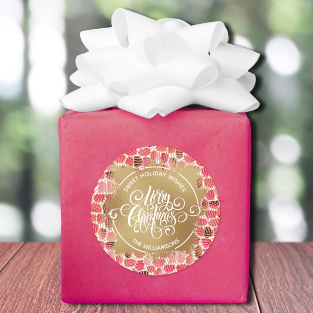 Adesivo Redondo Natal Homemade Holiday Baking (Christmas sweet holiday wishes homemade baking round stickers with red-pink brush stroke pattern)