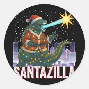 Adesivo Redondo Natal Kaiju Santazilla Monstro Japonês Dinossauro