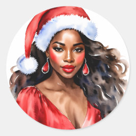 Adesivo Redondo Natal Linda Mulher Negra Santa Hat