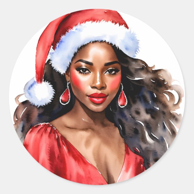 Adesivo Redondo Natal Linda Mulher Negra Santa Hat (Frente)