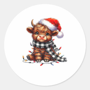 Adesivo Redondo Natal Luzes de Highland Vaca Bebê Natal