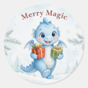 Adesivo Redondo Natal Mágico Dragão Azul Bebê de Natal
