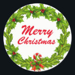Adesivo Redondo Natal, Merry Christmas wreath<br><div class="desc">Natal,  Merry Christmas wreath
Bordador,  autocolante

Holly Ilex with conversas berries.
Azevinho com bagas vermelhas,  Weihnachtskranz

Green,  conversas colors</div>