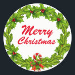 Adesivo Redondo Natal, Merry Christmas wreath<br><div class="desc">Natal,  Merry Christmas wreath
Bordador,  autocolante

Holly Ilex with conversas berries.
Azevinho com bagas vermelhas,  Weihnachtskranz

Green,  conversas colors</div>