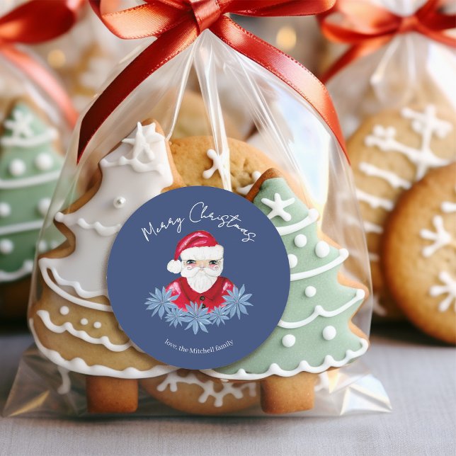 Adesivo Redondo Natal Mínimo Bonito Poinsettia Azul Feliz Natal (Criador carregado)