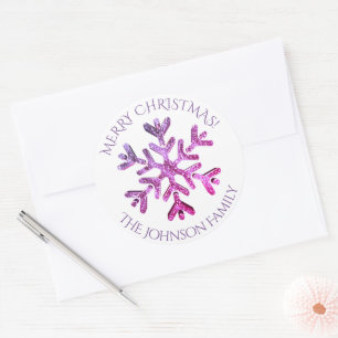 Adesivo Redondo Natal moderno elegante do floco de neve roxo