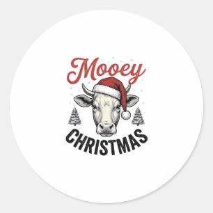 Adesivo Redondo Natal Mooey Vaca Chapéu do Papai Noel Gravura Vint