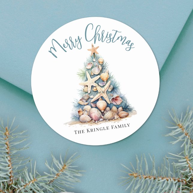 Adesivo Redondo Natal na Praia (Beach Christmas Classic Round Sticker)