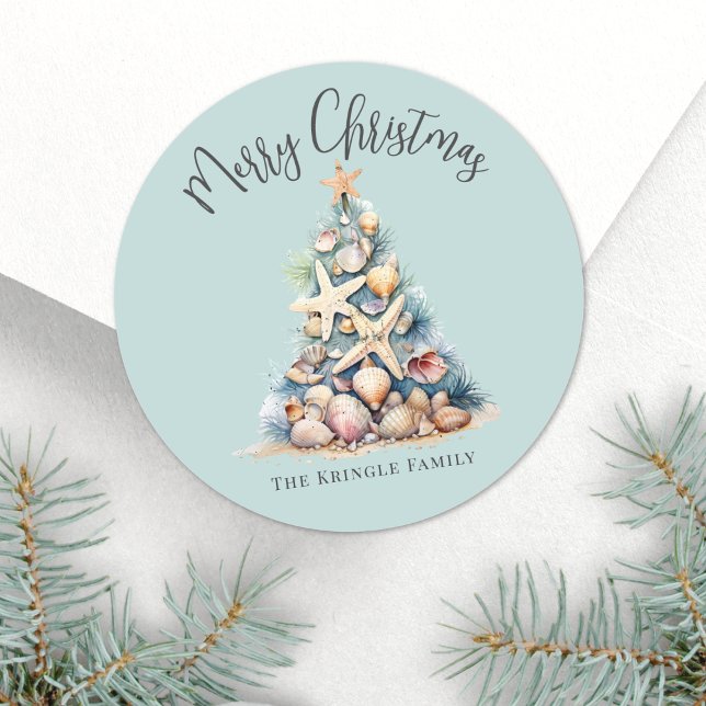 Adesivo Redondo Natal na Praia (Beach Christmas Classic Round Sticker)