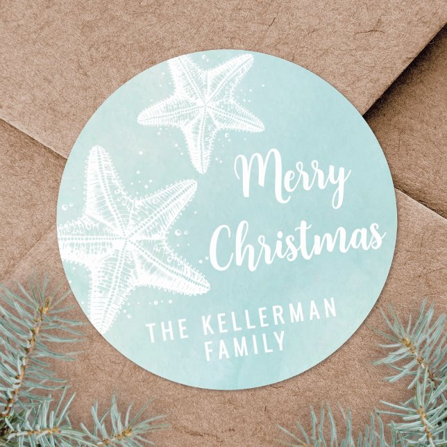 Adesivo Redondo Natal na Praia (Starfish Beach Christmas Classic Round Sticker)