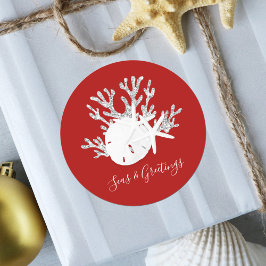 Adesivo Redondo Natal na praia costeira Mares vermelhos e saudaçõe