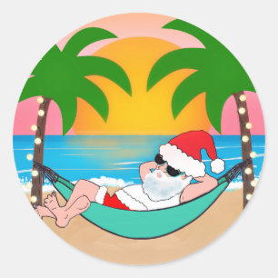 Adesivo Redondo Natal na Praia Tropical com Palmeira Santa