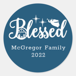 Adesivo Redondo Natal Natividade Abençoada Azul e Branco