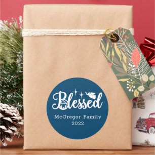 Adesivo Redondo Natal Natividade Abençoada Azul e Branco