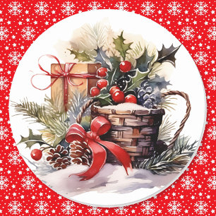 Adesivo Redondo Natal Natural Holly Berries Pinecones Arco Vermelh