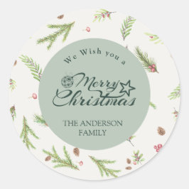 Adesivo Redondo Natal natural mínimo elegante Botânica Verde