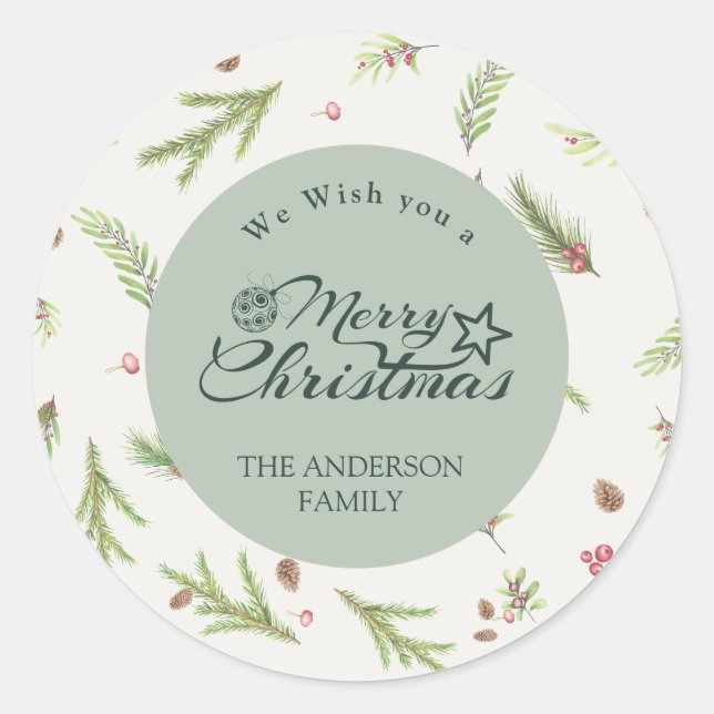 Adesivo Redondo Natal natural mínimo elegante Botânica Verde (Frente)