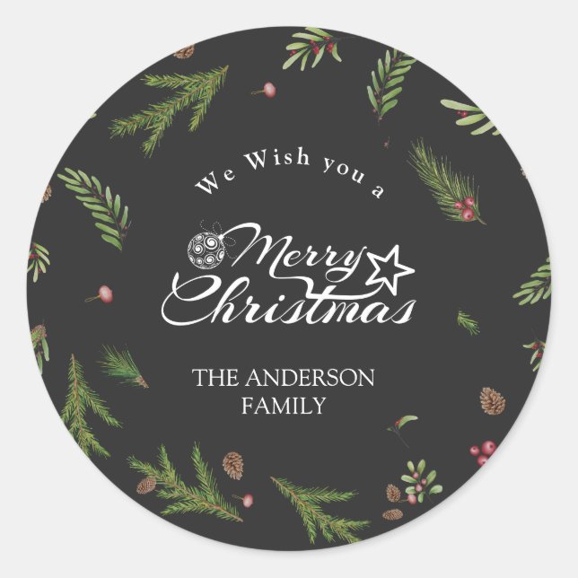 Adesivo Redondo Natal natural mínimo elegante Botânica Verde (Frente)
