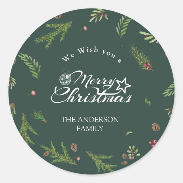 Adesivo Redondo Natal natural mínimo elegante Botânica Verde (Frente)