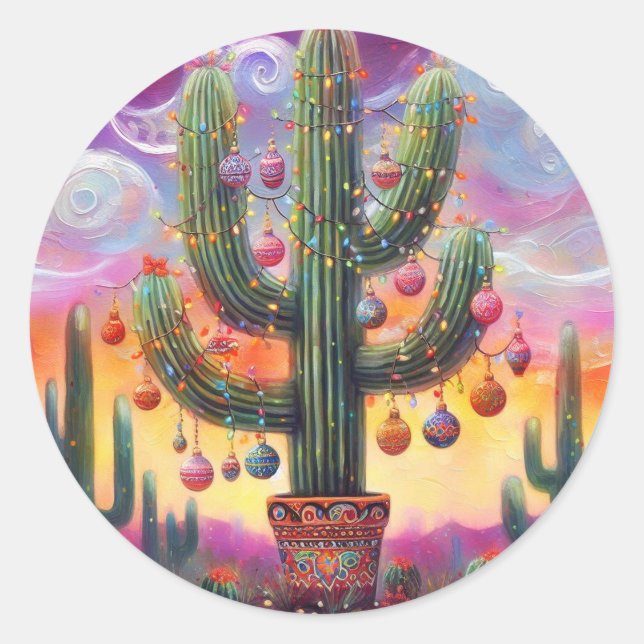 Adesivo Redondo Natal no Deserto Sudoeste Saguaro Cactus (Frente)