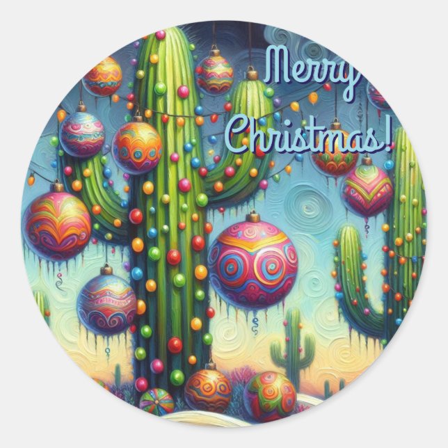 Adesivo Redondo Natal no Deserto Sudoeste Saguaro Cactus (Frente)